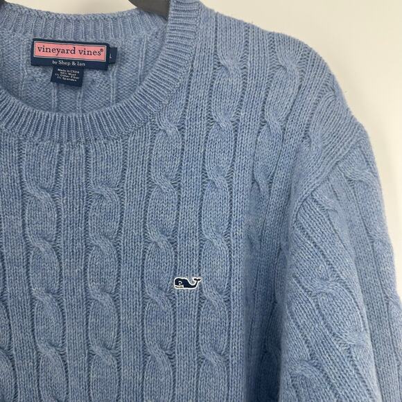 Vineyard Vines Mens L Crew Neck Wool Sweater Cable Knit Blue Preppy Academia - Picture 4 of 9